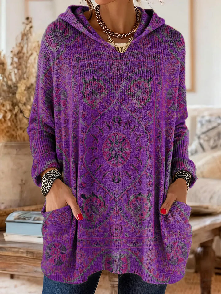Tunique Femme Tricot à Capuche Style Rétro Ample Confortable Avec Poches