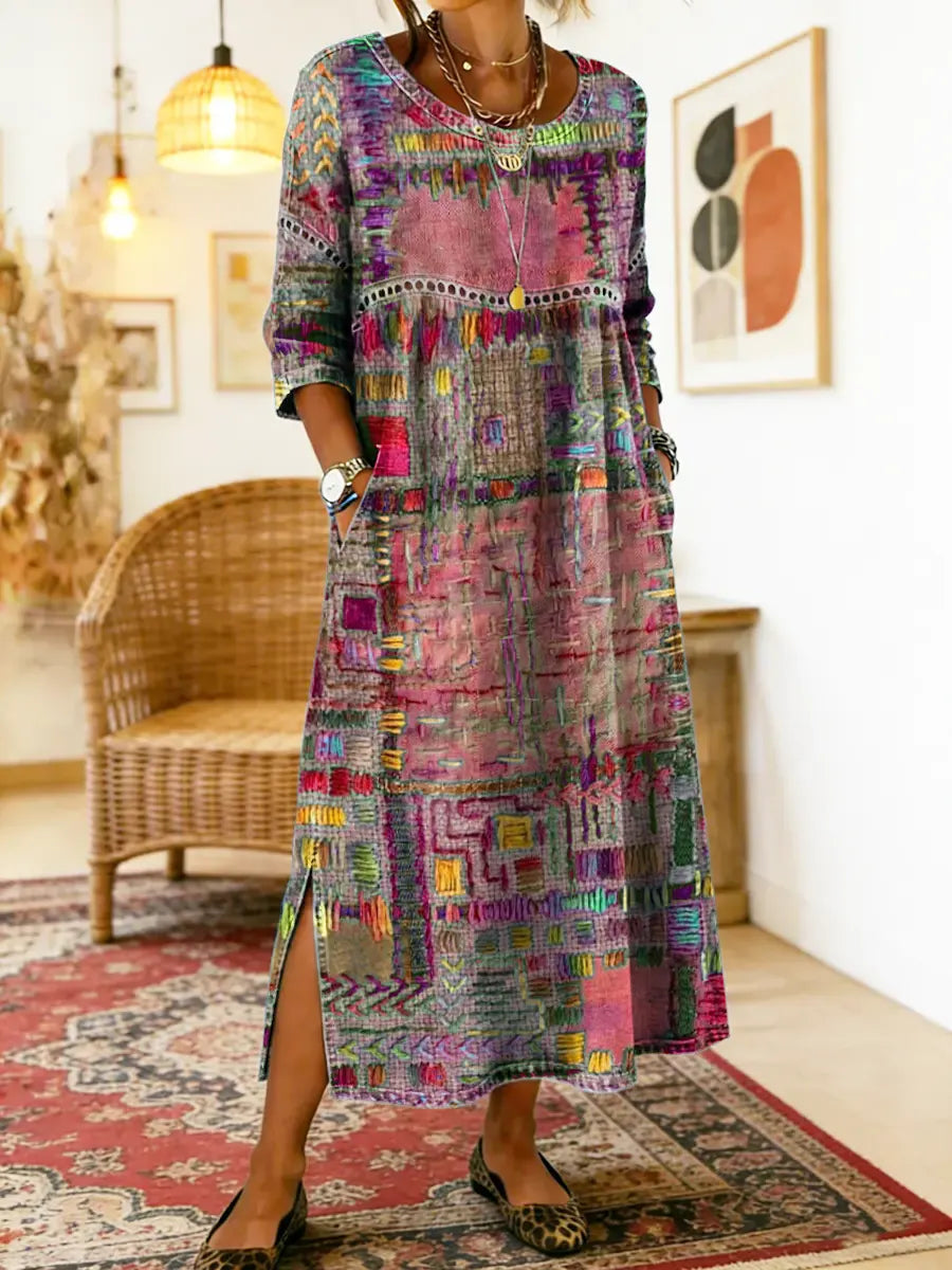 Robe Femme Denim Fluide Patchwork Ethnique pour Style Bohème et Élégant Quotidien