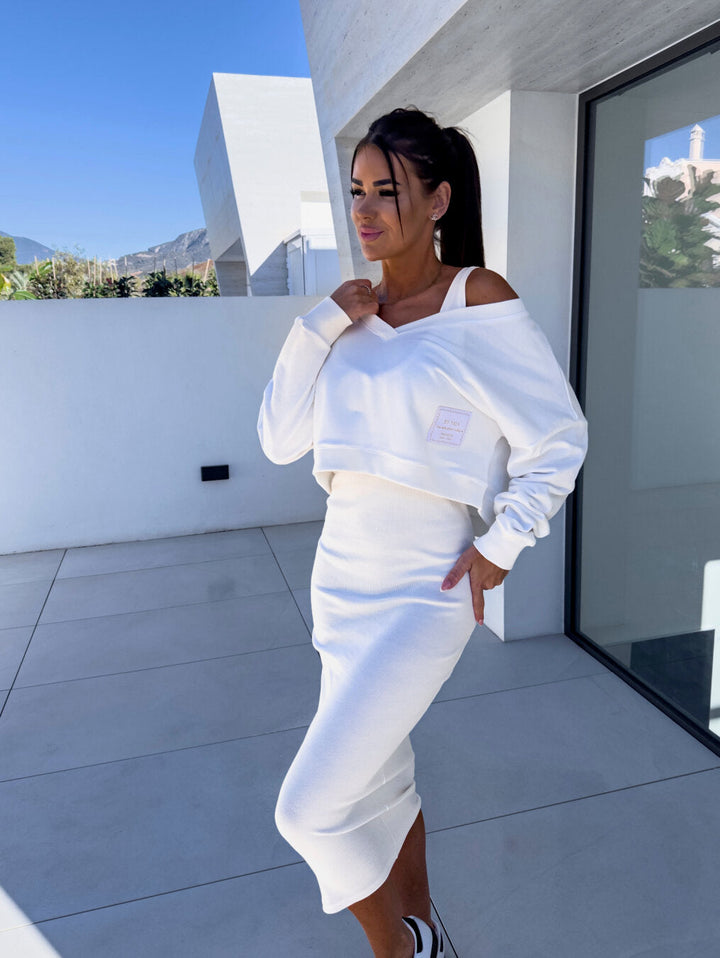Ensemble femme robe midi ajustée et sweatshirt oversize col V élégant casual