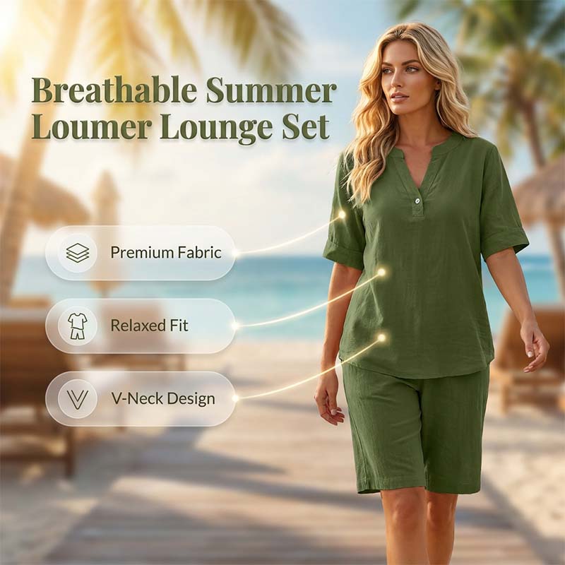 Ensemble femme en lin respirant avec haut à col V et short assorti