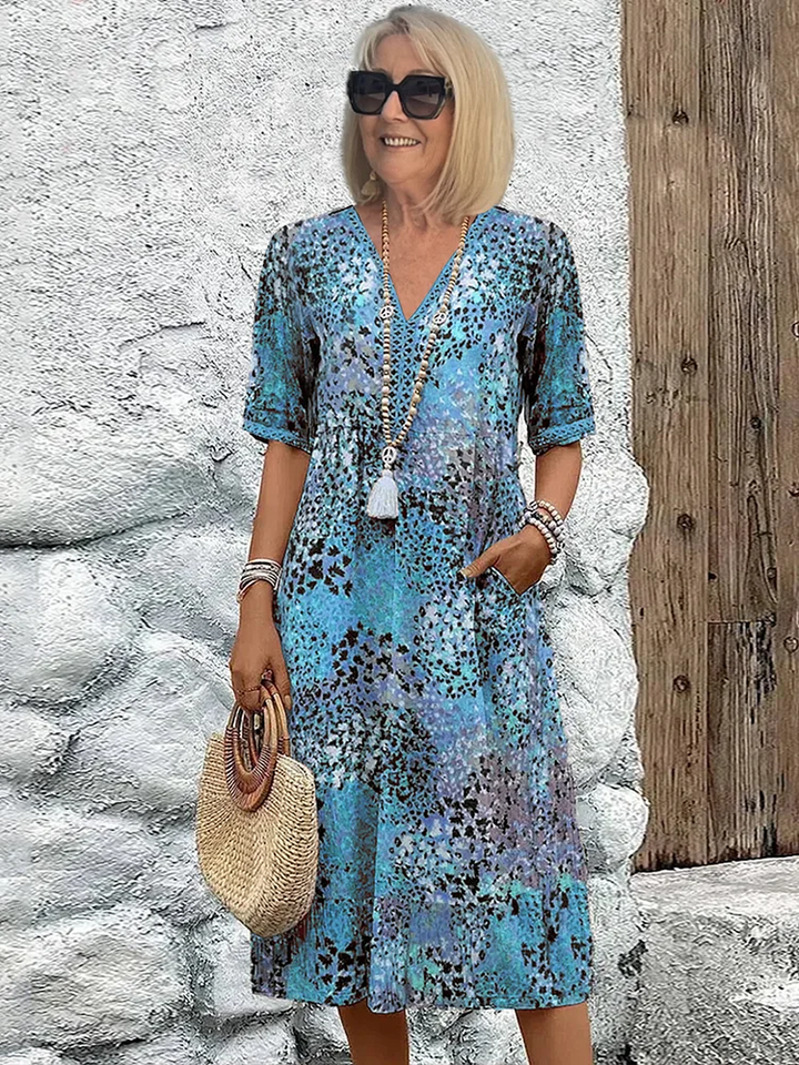 Robe femme midi fluide imprimée col V manches courtes élégante décontractée