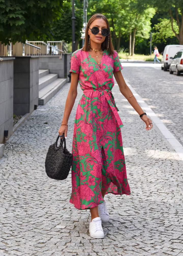 Robe Femme Été Florale Coupe Portefeuille Fluide Élégante