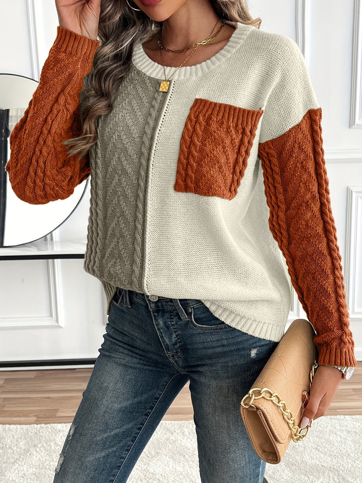 Pull patchwork à maille torsadée pour femme chic et confortable