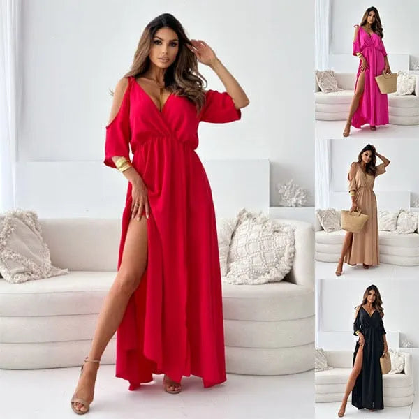 Robe Maxi Femme Élégante à Épaules Dénudées avec Fente Latérale