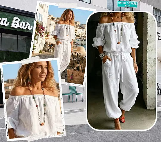 Ensemble femme épaules dénudées avec pantalon fluide