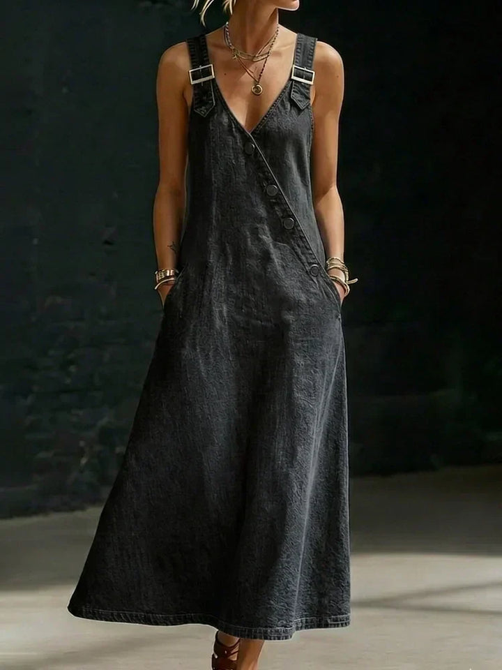 Robe longue femme en denim avec boutons asymétriques et bretelles à boucle