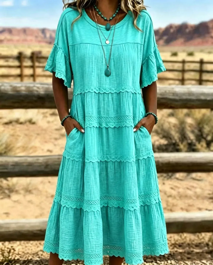 Robe femme midi en coton et lin avec volants délicats