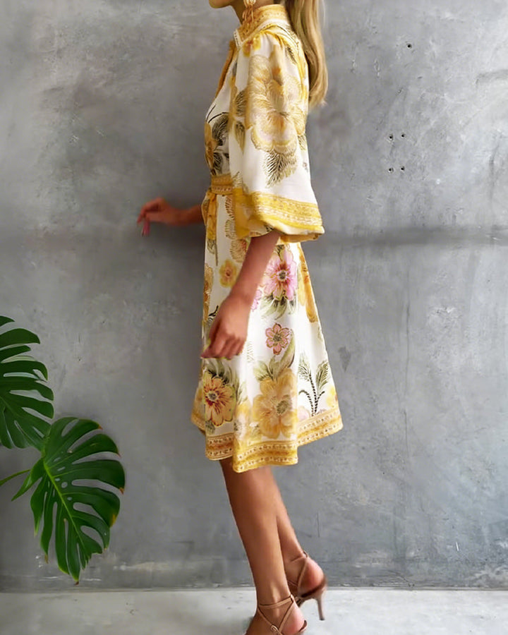 Robe Fleurie Élégante Femme à Manches Lanternes et Boutons