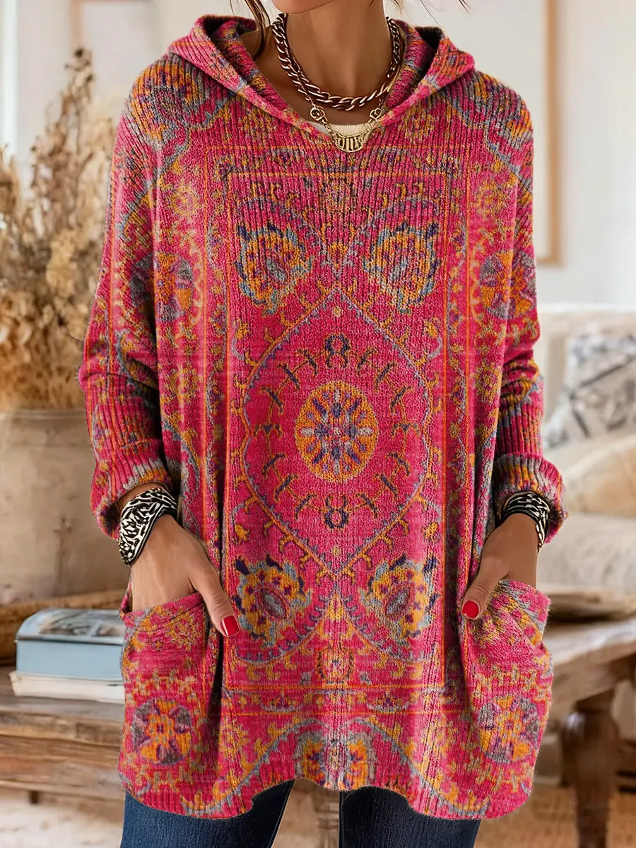 Tunique Femme Tricot à Capuche Style Rétro Ample Confortable Avec Poches
