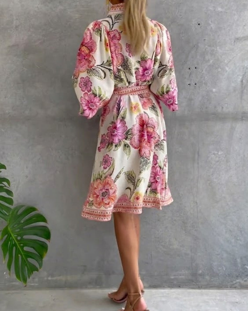 Robe Fleurie Élégante Femme à Manches Lanternes et Boutons