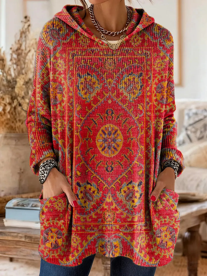 Tunique Femme Tricot à Capuche Style Rétro Ample Confortable Avec Poches