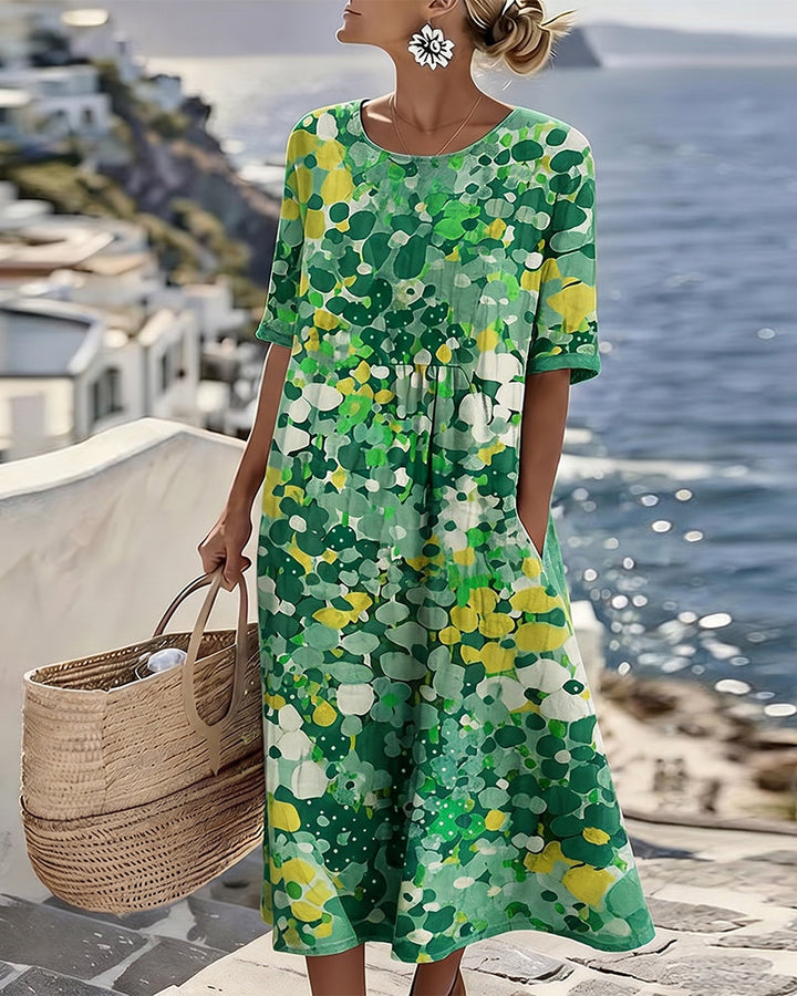 Robe Midi Femme Coton Lin Imprimé Floral Abstrait Poches Manches Courtes
