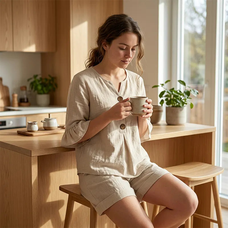 Ensemble femme en coton avec blouse à boutons et short