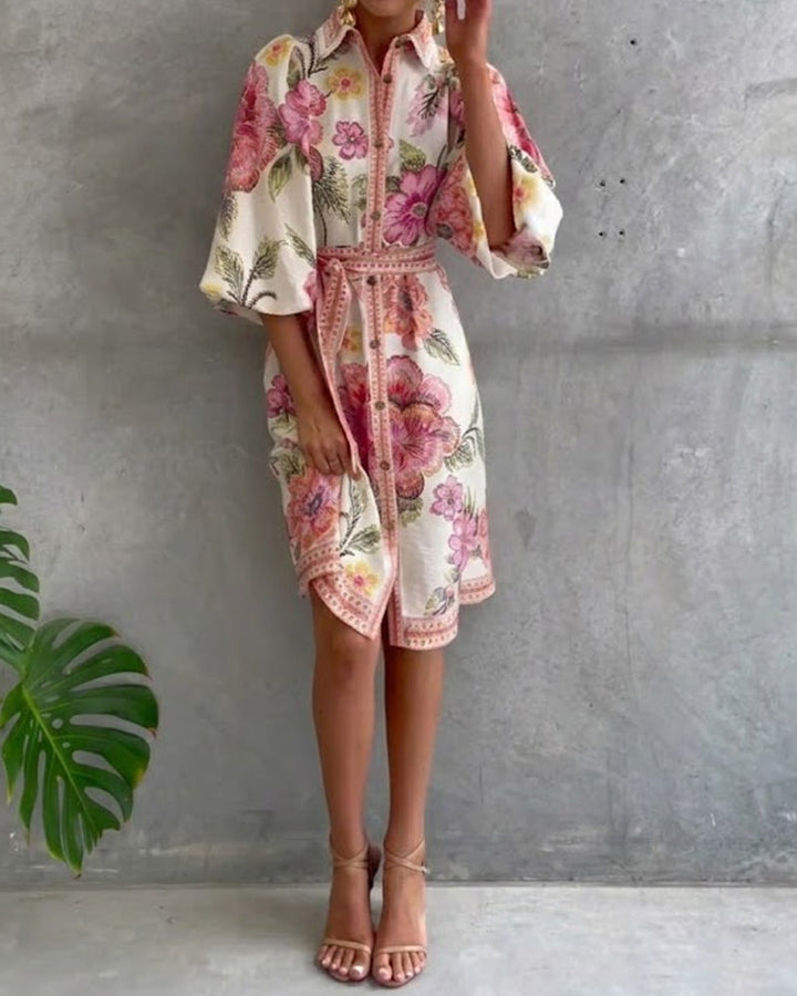 Robe Fleurie Élégante Femme à Manches Lanternes et Boutons