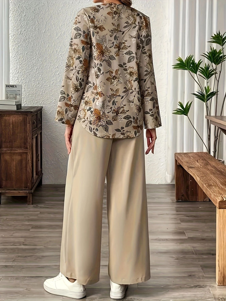 Ensemble Femme Blouse Florale et Pantalon Large Élégant