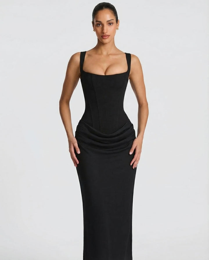 Robe Maxi Ajustée Satinée avec Effet Sablier Élégant