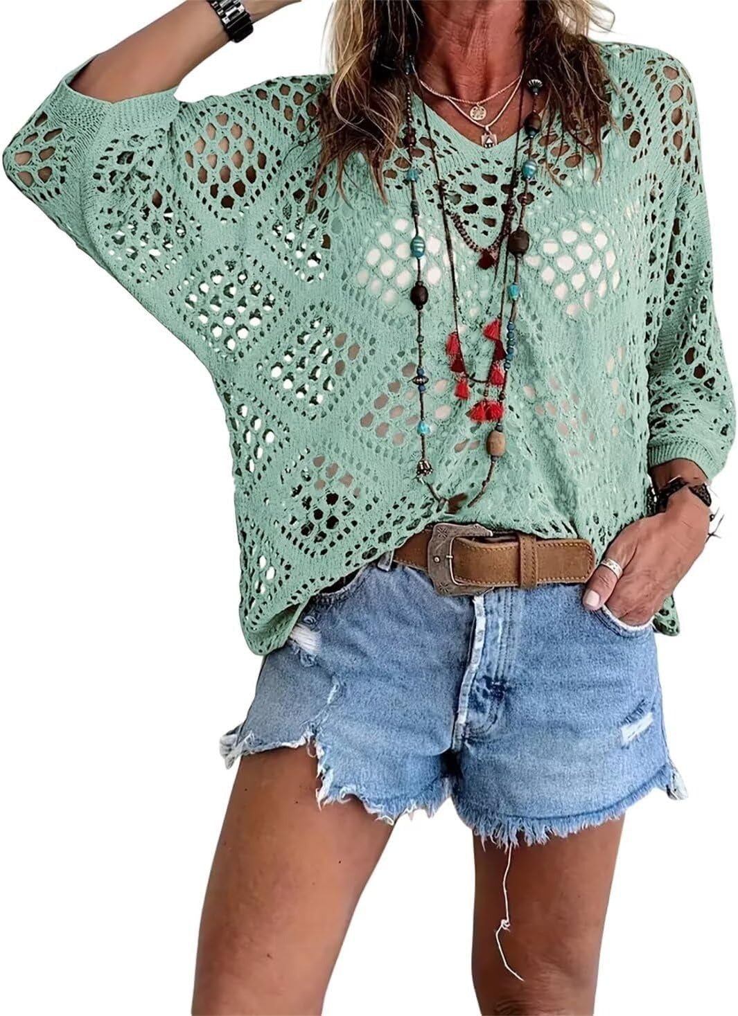 Haut femme en crochet ajouré à col V style bohème
