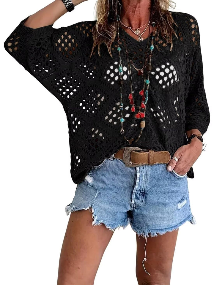 Haut femme en crochet ajouré à col V style bohème