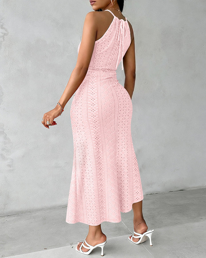 Robe Midi Femme Jacquard Ajouré Halter avec Fente Chic