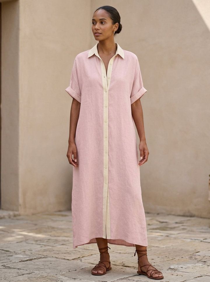 Robe chemise midi pour femmes en noir avec des boutons contrastants