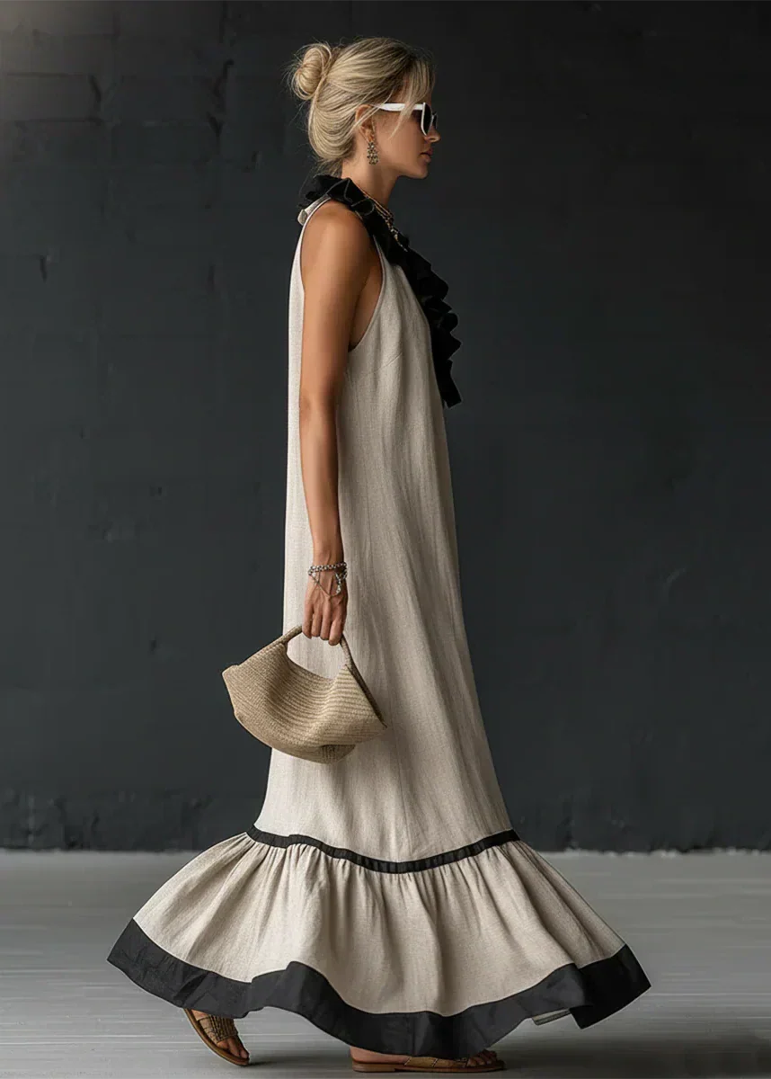 Robe longue femme fluide à volants contrastés