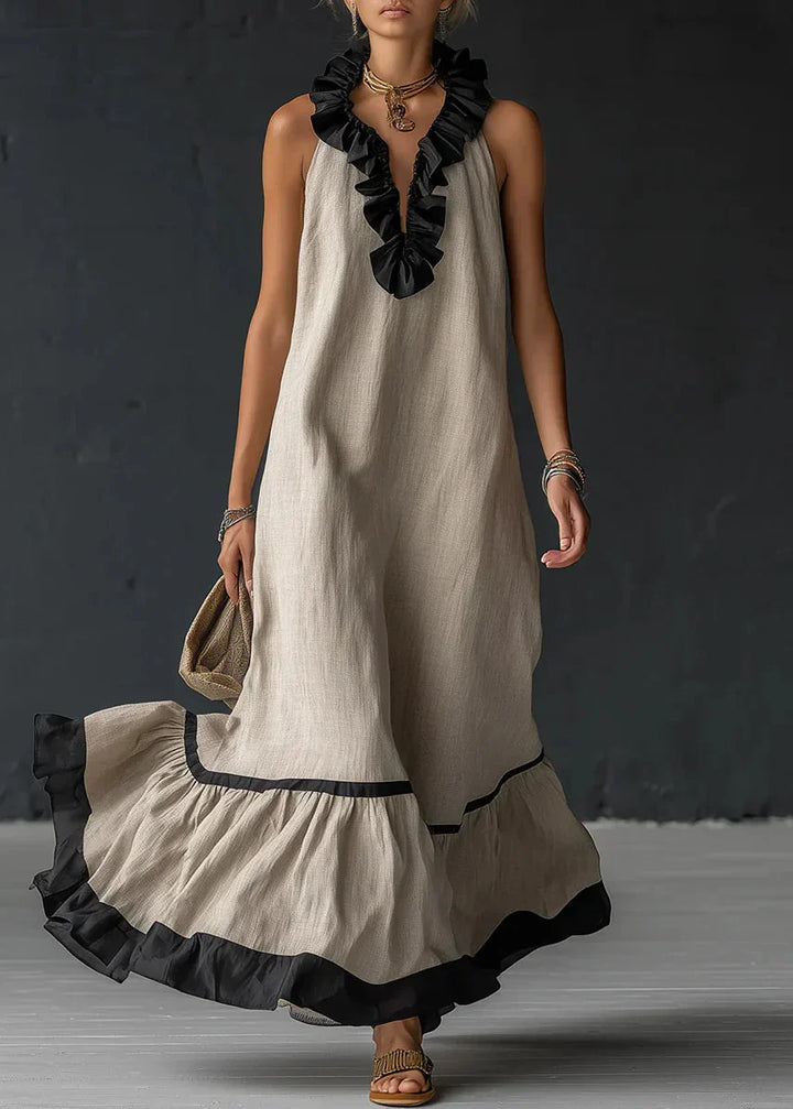Robe longue femme fluide à volants contrastés