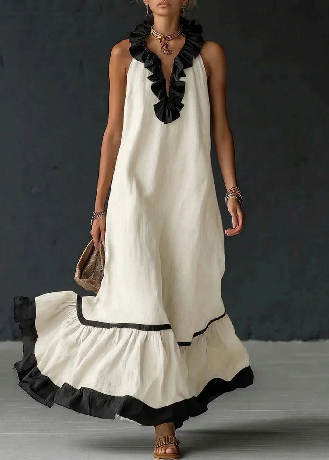 Robe longue femme fluide à volants contrastés