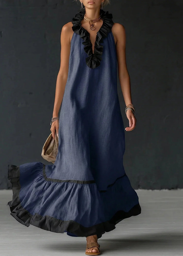 Robe longue femme fluide à volants contrastés