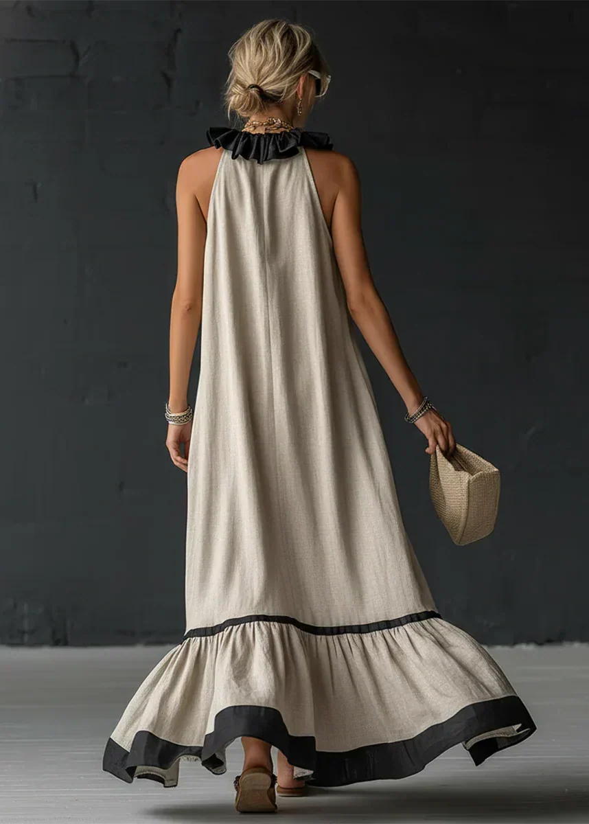 Robe longue femme fluide à volants contrastés