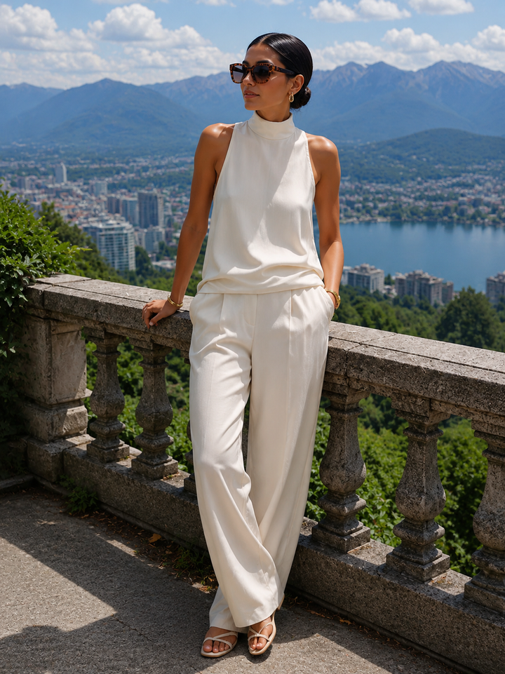 Ensemble femme en coton et lin avec col montant et pantalon fluide