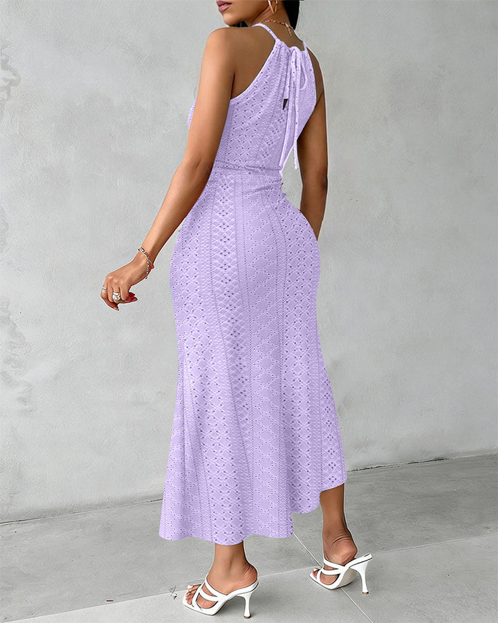 Robe Midi Femme Jacquard Ajouré Halter avec Fente Chic