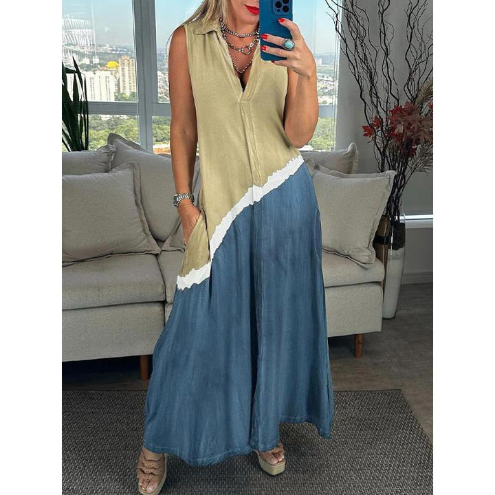 Robe Femme Sans Manches Col V Revers Coupe Fluide Style Bohème Été