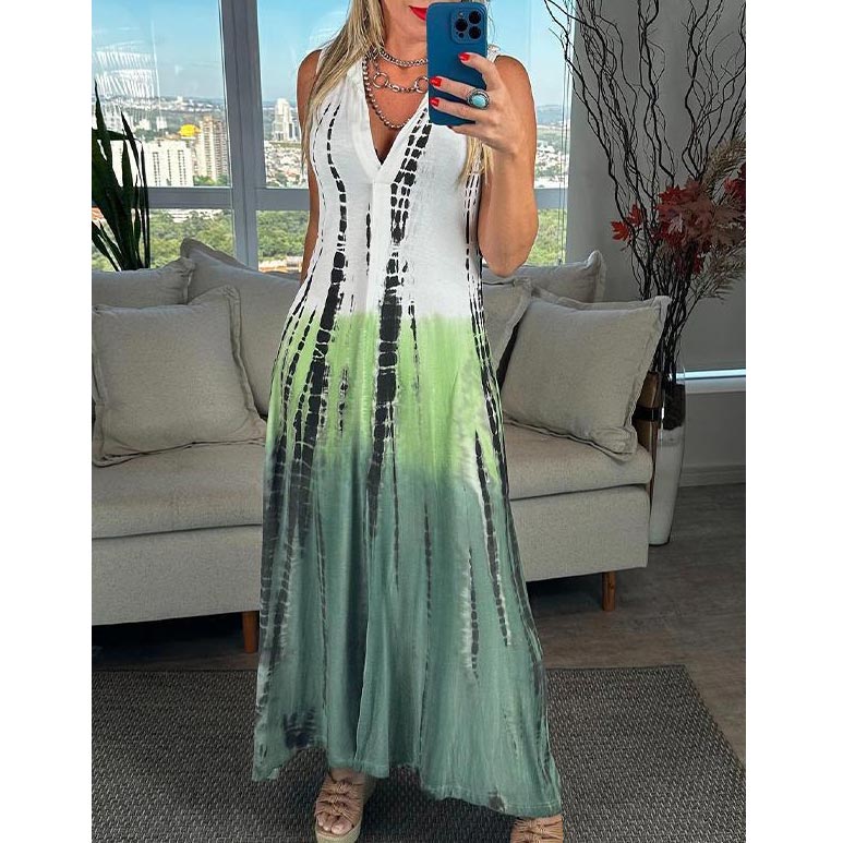 Robe Femme Sans Manches Col V Revers Coupe Fluide Style Bohème Été