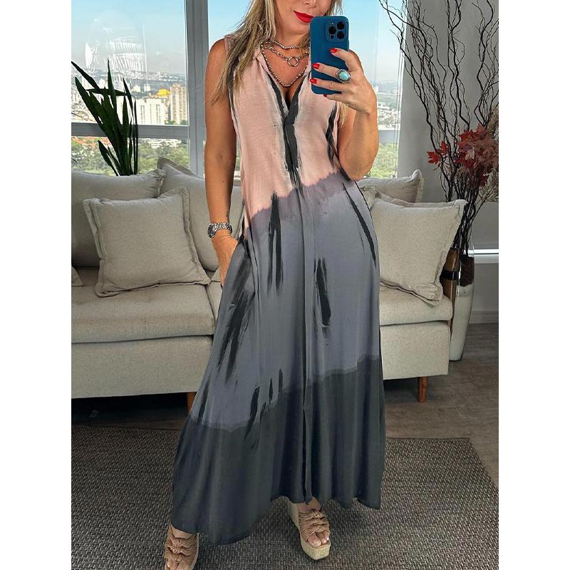 Robe Femme Sans Manches Col V Revers Coupe Fluide Style Bohème Été
