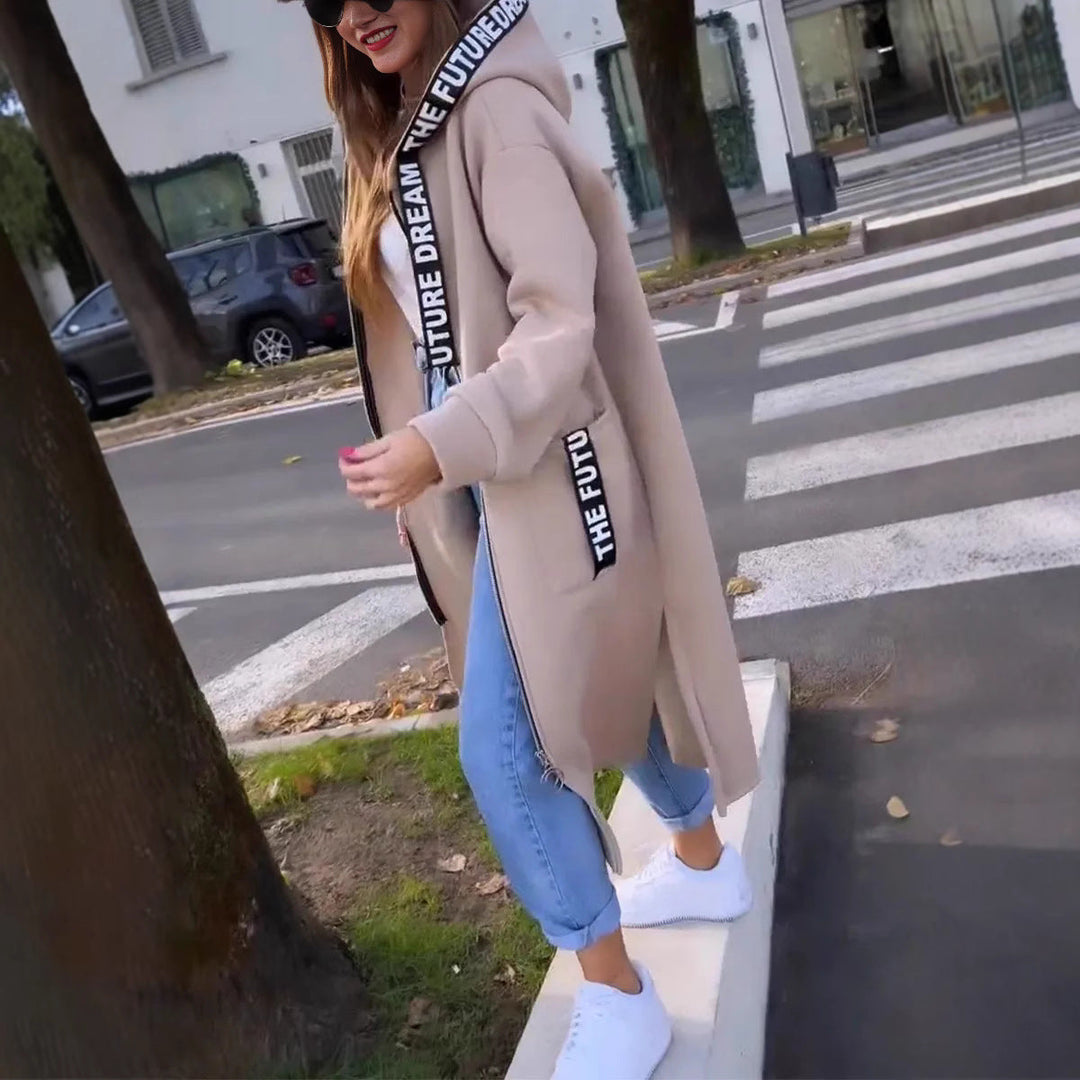 Manteau long femme à capuche style sweat – coupe ample confortable pour usage quotidien