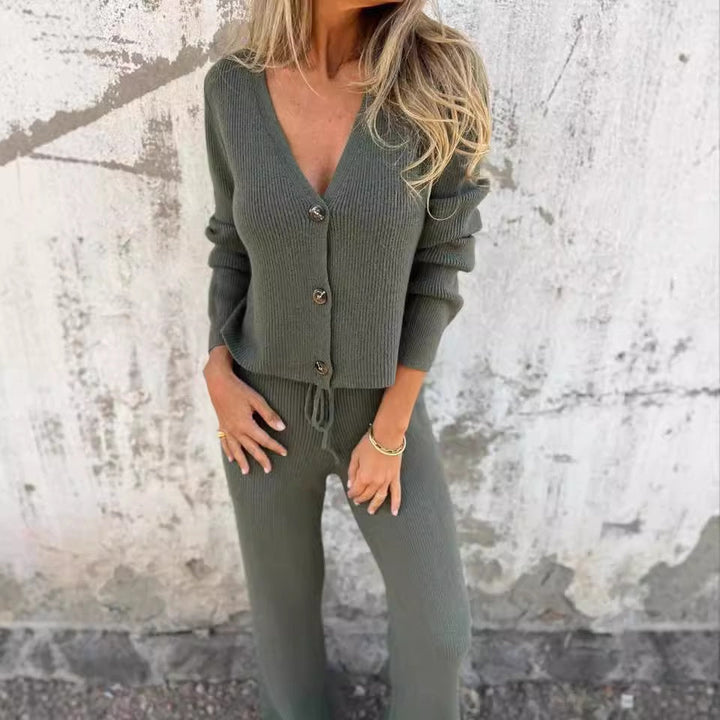 Ensemble femme cardigan et pantalon tricot fluide confortable élégant casual