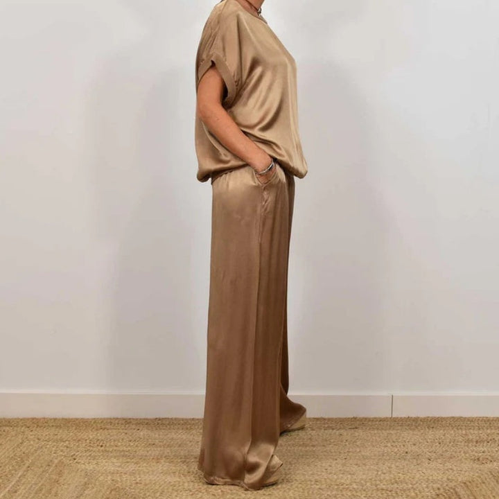 Ensemble Femme Satiné Élégant Deux Pièces Top et Pantalon Large