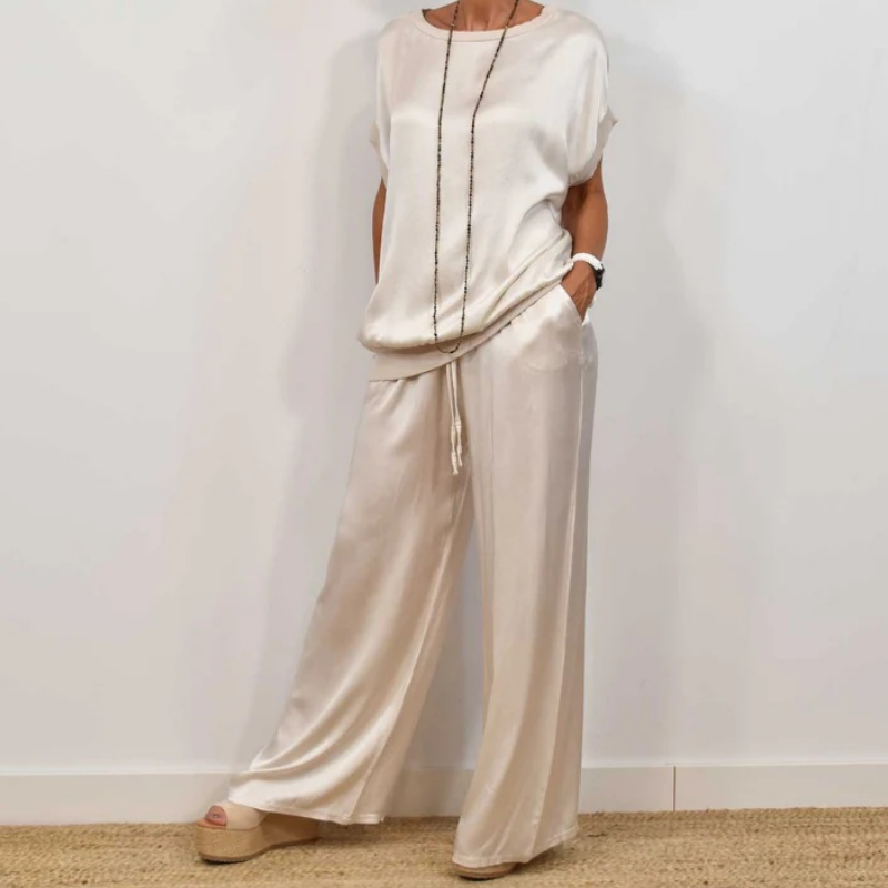 Ensemble Femme Satiné Élégant Deux Pièces Top et Pantalon Large