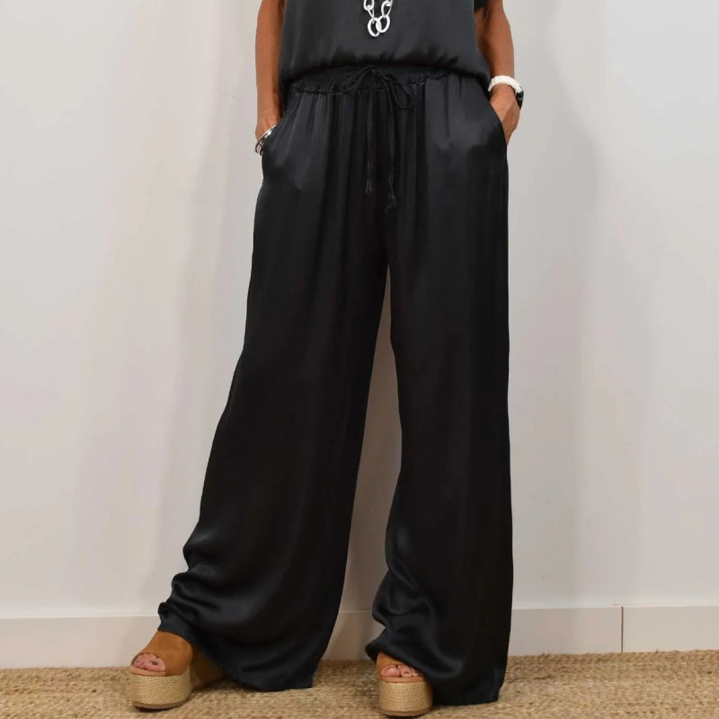 Ensemble Femme Satiné Élégant Deux Pièces Top et Pantalon Large