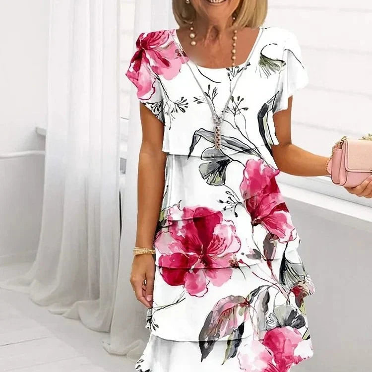 Robe femme fleurie à volants fluide col rond manches courtes été élégante