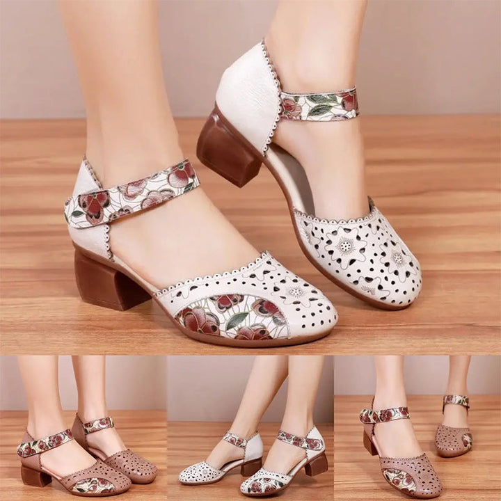 Chaussures Femme Talon Bloc Cuir Ajouré Bride Velcro Florale Rétro