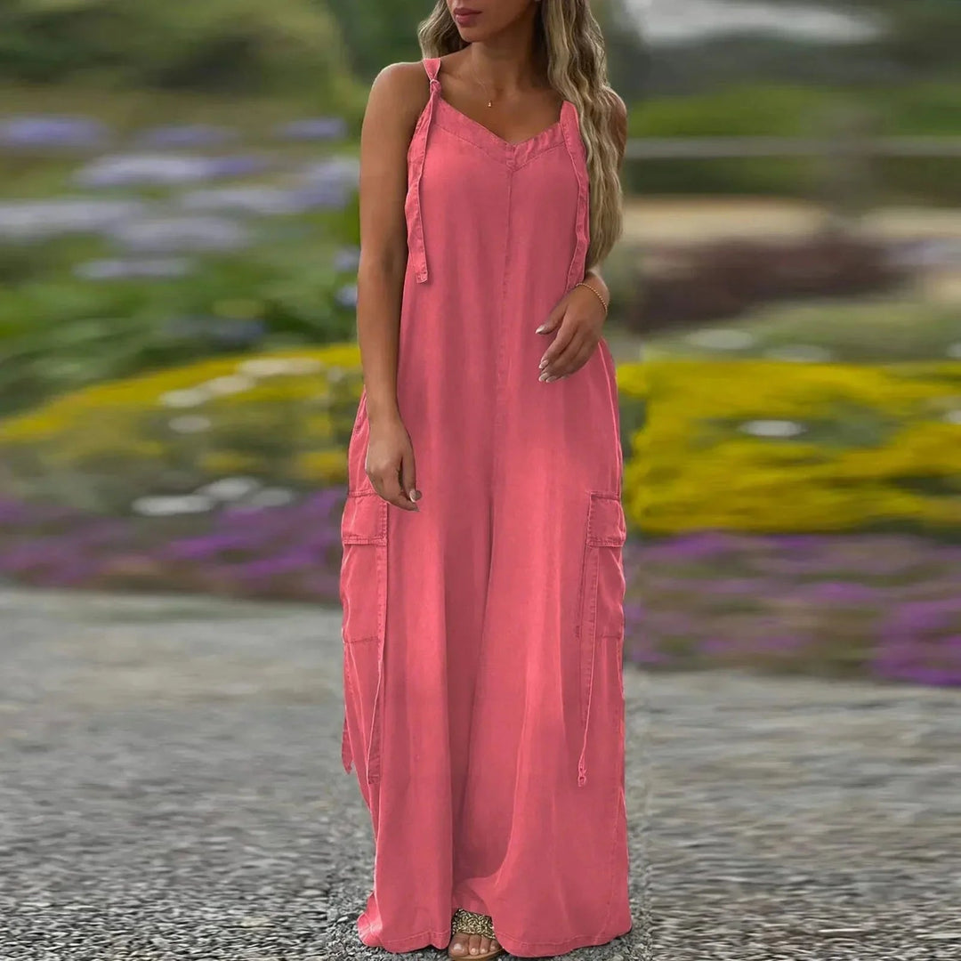 Robe longue femme fluide avec bretelles ajustables et poches cargo
