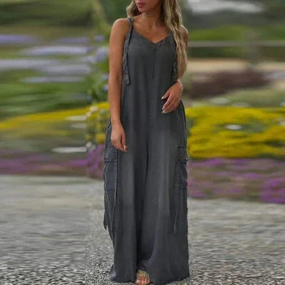 Robe longue femme fluide avec bretelles ajustables et poches cargo