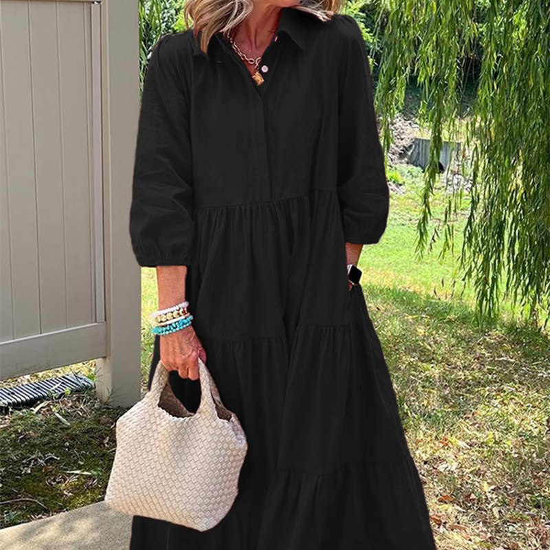 Robe Longue Femme Coupe Ample Col Revers Manches 3/4 Style Décontracté