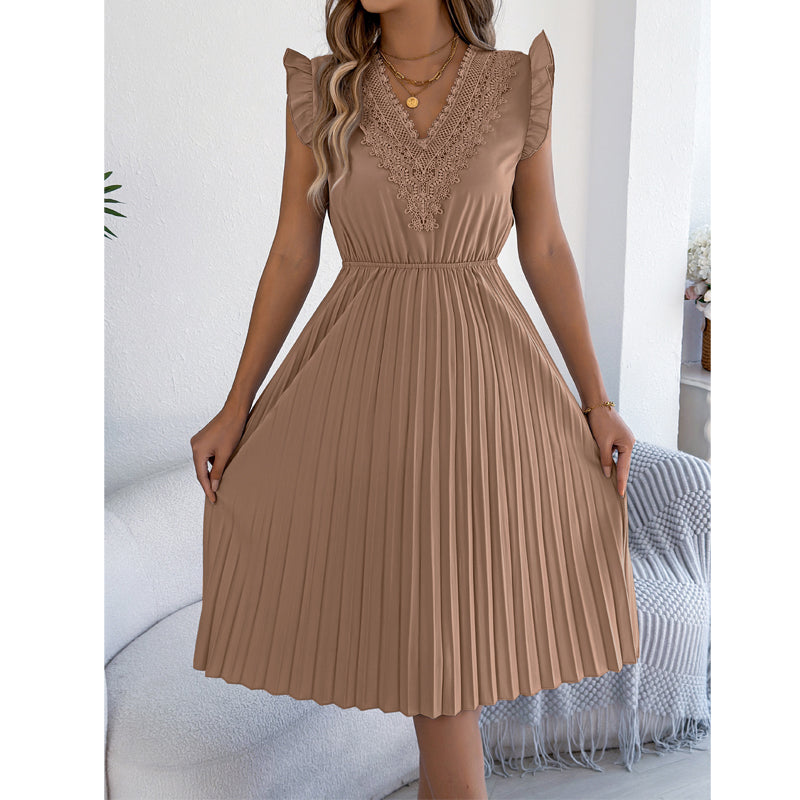 Robe midi femme plissée à col V dentelle et taille empire