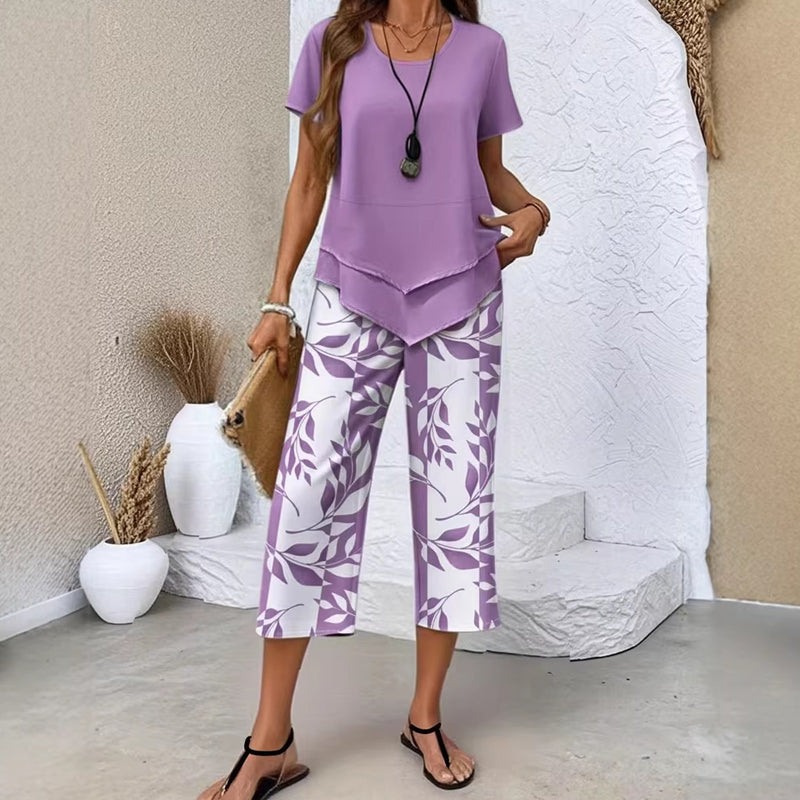Ensemble Femme Deux Pièces Haut Asymétrique et Pantalon Imprimé