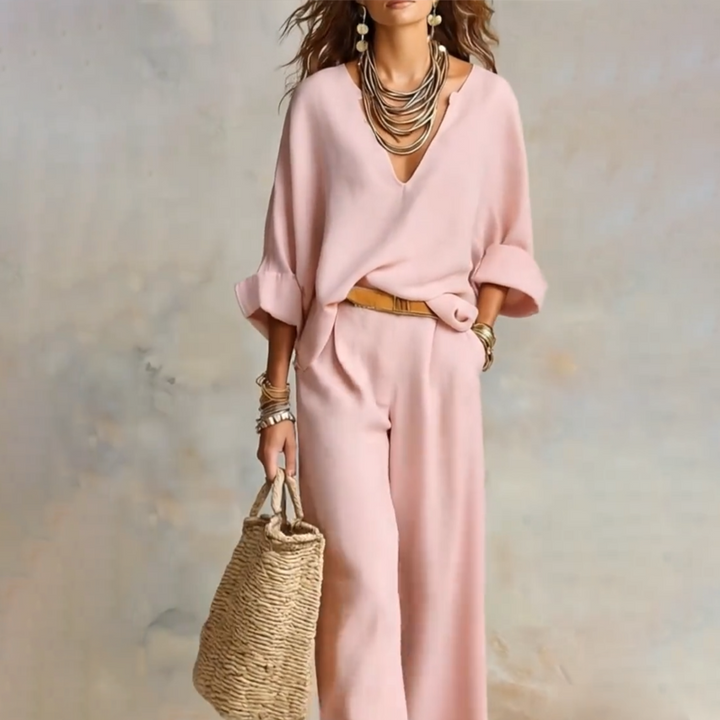 Ensemble deux pièces femme effet lin avec pantalon large