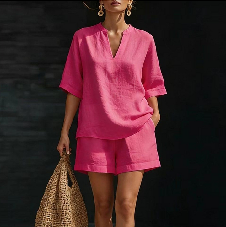 Ensemble Femme Élégant avec Blouse à Col V et Short Fluide