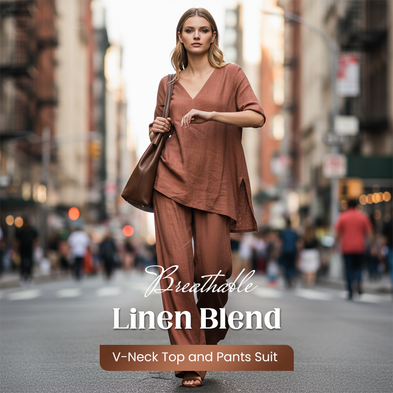 Ensemble femme en coton et lin avec haut col V et pantalon ample