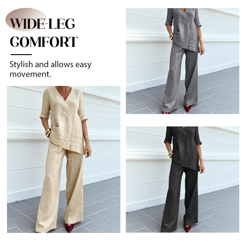 Ensemble femme en coton et lin avec haut col V et pantalon ample